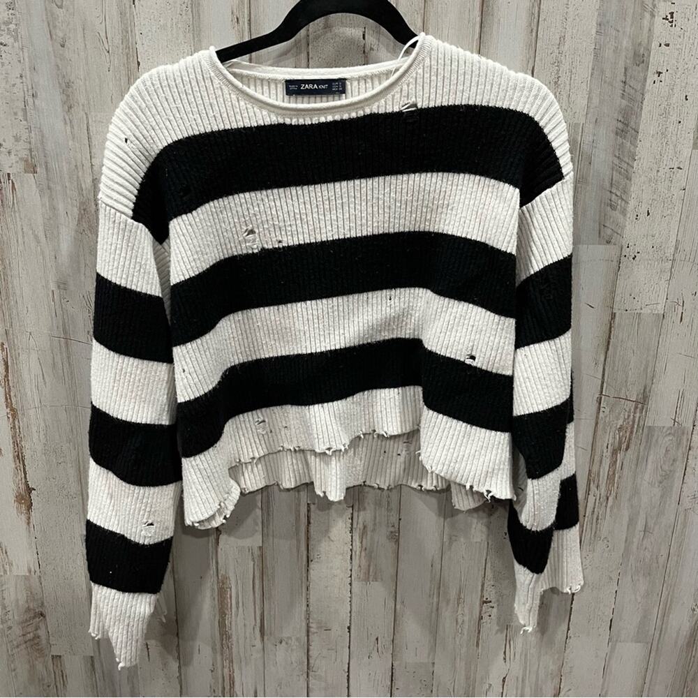 Zara Striped Cropped Distressed Boxy Oversized Sweater Small Grunge